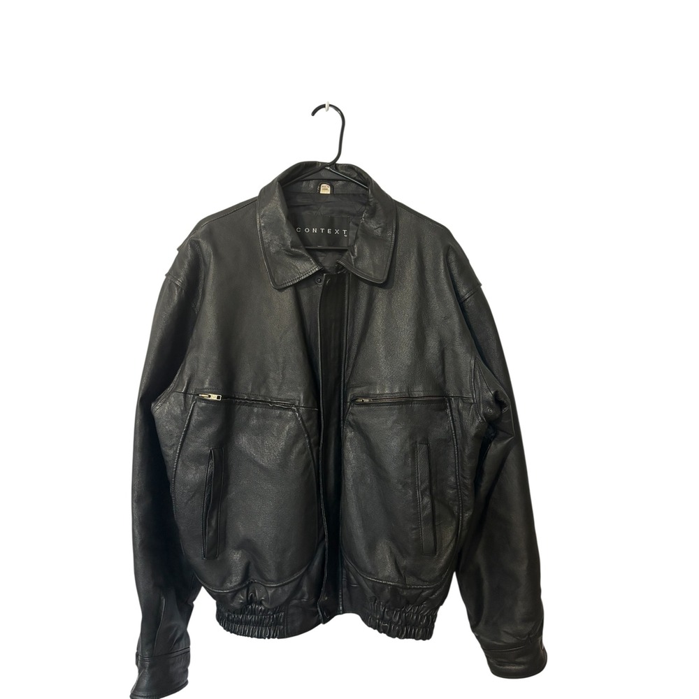 Context Mens Black Leather Bomber Jacket Quilted Lining Full Zip XL